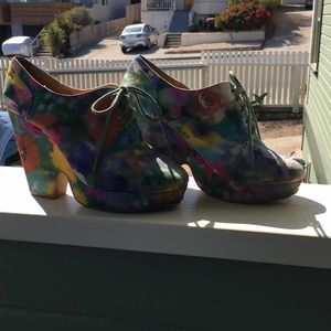 Ecote Floral Watercolor Heeled Lace Up Booties